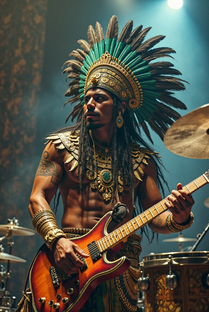 grim indian smoking peace pipe wearing feather headdress plays big rock drum kit, the indian looks straight ahead, drum set black two cymbals and 3 drums, in detail, Indian angrily pisses into camera