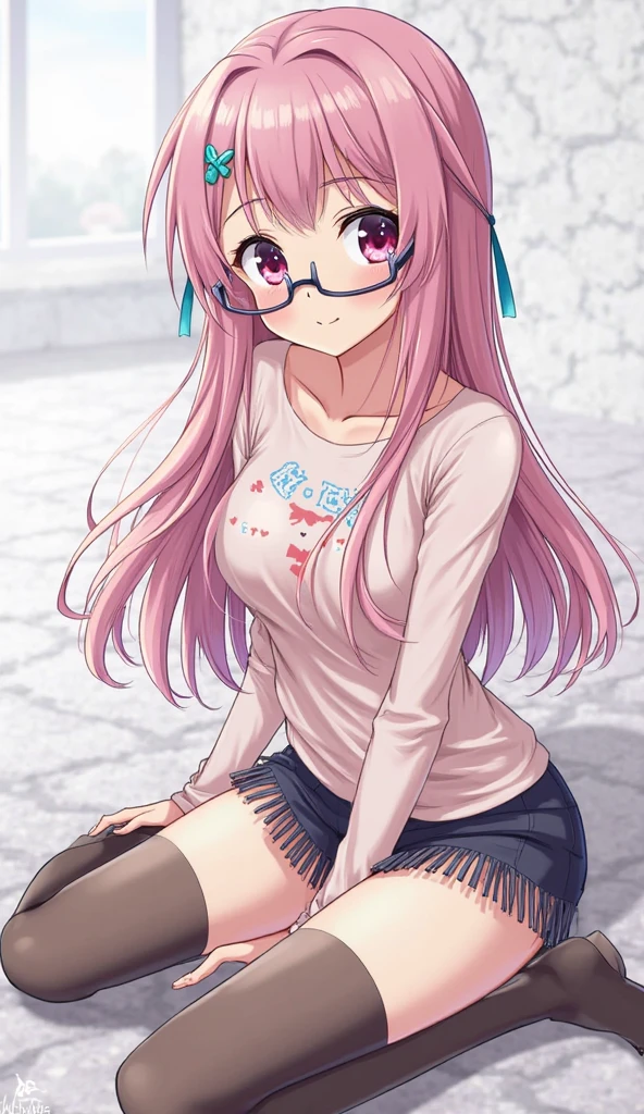 teens girl,swimming uniform,Pink hair,Bigchest,D-cups,wears glasses,Wearing white silk,weeping