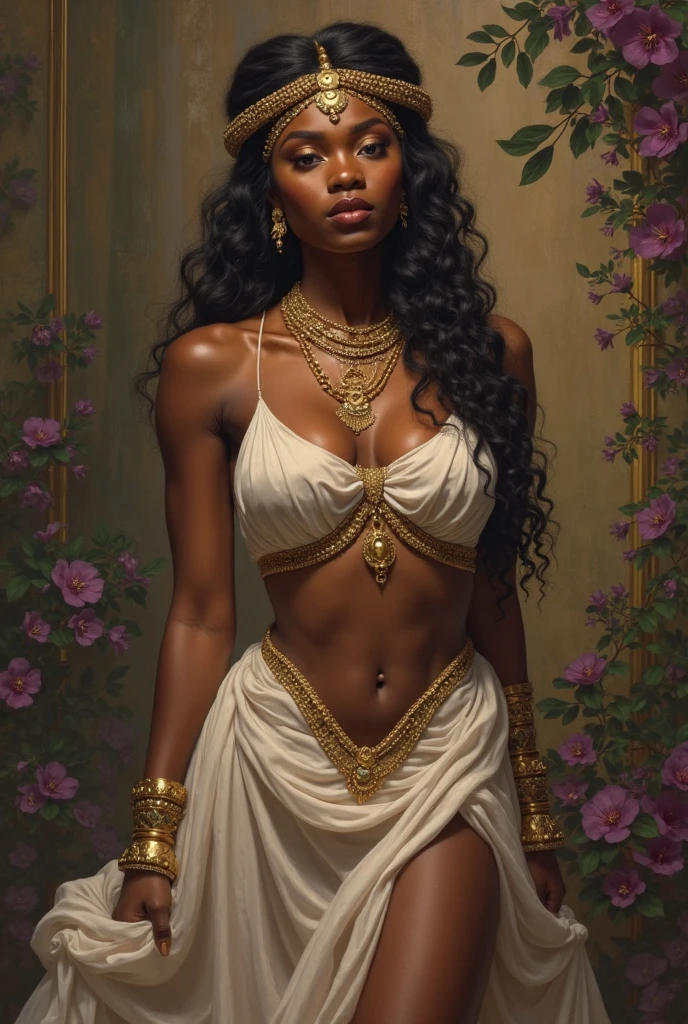 masterpiece, expressive eyes, jessica biel as teenage girl, dark skin, ebony, topless, victorian princess, silver jewelry, diadem, standing in wide garden, palace in background