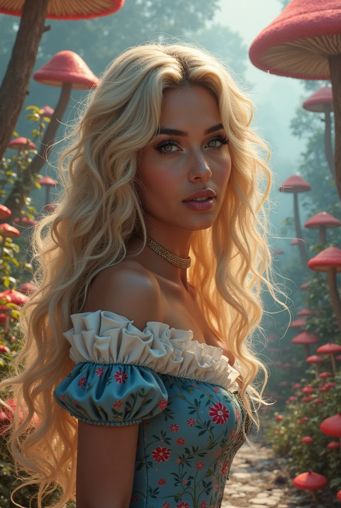 Beautiful woman with blond curly hair and blue eyes sitting on the ground, looking up in awe of the beautiful nature around her. she is surrounded by red flowers, lush nature, butterflies and birds.