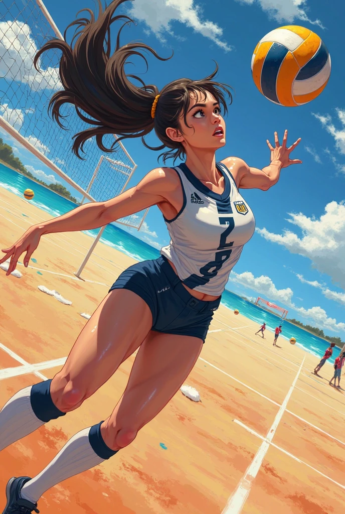 (Best Quality, masutepiece),ultra detailed photographic,1girl in, female volleyball player ,Large breasts,nice legs,ahot a ball,At the volleyball venue,Detailed beautiful face,Beautiful eyes,detailed hairs,detailed clothes,Detailed realistic skin,Cool,Dynamic Angle,