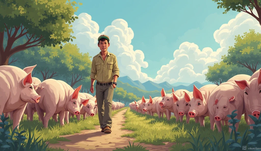  A drawing in a cartoon style depicting a plump, pink-cheeked europian boy running along a rural road after fat pink piglets, cartoon chickens scattering to the sides, rural setting, clear contours, smoothing textures, (Xue Wang: 1.1155), bulk, Beautiful Image, High detail