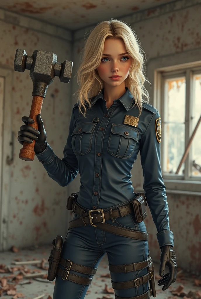 best photo from the exhibition, 35 mm, cell shading,  bloom, dark and gloomy (full body:1.5) 8k , female teen , (holds in his hands a combat shield that is not new:1.4), (natural texture of the skin:1.5), scratches on the skin, abrasions, cuts, wounds,  examines the shield, (blonde hair:1.3), best photo from the exhibition, 35 mm, stunning, highly detailed, 8k highly detailed face, perfect face shapes, full perfect lips, perfect nose, correct beautiful eyes, eyelashes, eyebrows, Blue yonder hair,  at cluttered and messy shack , action shot, tattered torn shirt, porcelain cracked skin, skin pores, detailed intricate iris, very dark lighting, heavy shadows, detailed, detailed face, (vibrant, dramatic, dark, sharp focus, 8k),( background forge:1.3), forge, (smoldering coals:1.1),( more weapons:1.1), (armor scattered:1.1),