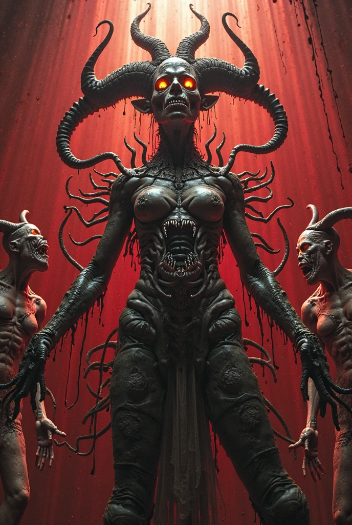 Make a dark substance infectious spreading all around with multiple scary dark humonide creatures all around