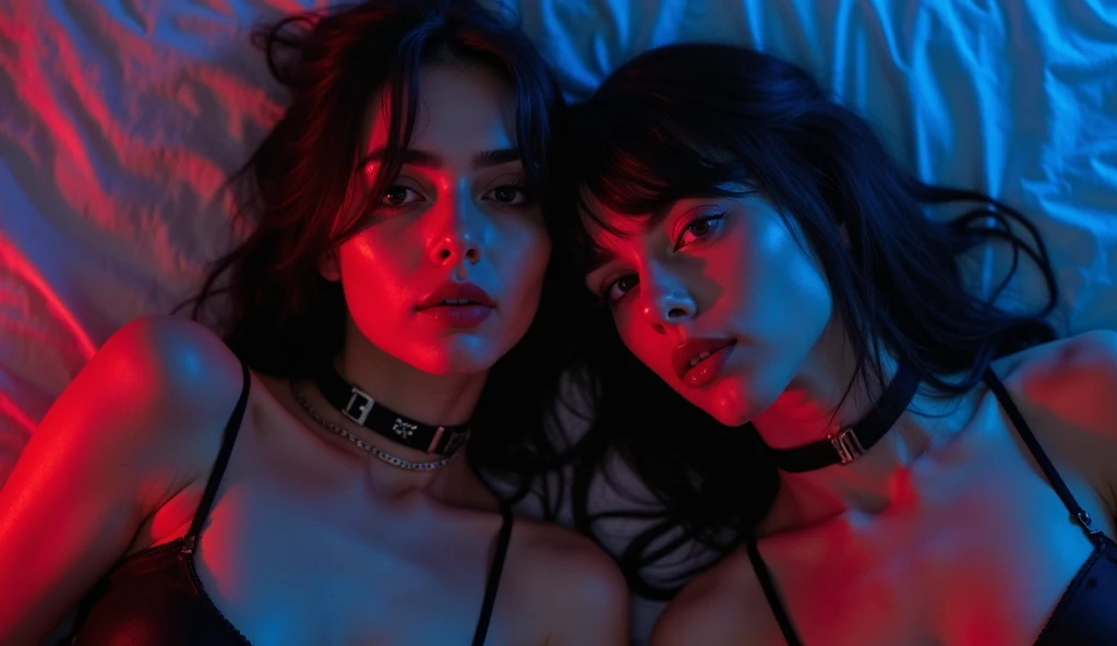 Eine wide-anglee Aufnahme von zwei wunderschönen Frauen mit extrem filigranen Kleidungsstücke und perfekten Körpern, one is lying on the bed and the other is sitting on top of her, tattooed, One woman is blonde and the other has brunette hair, both wear choker collars, red and turquoise lights in the background, Hungry expressions, wide-angle