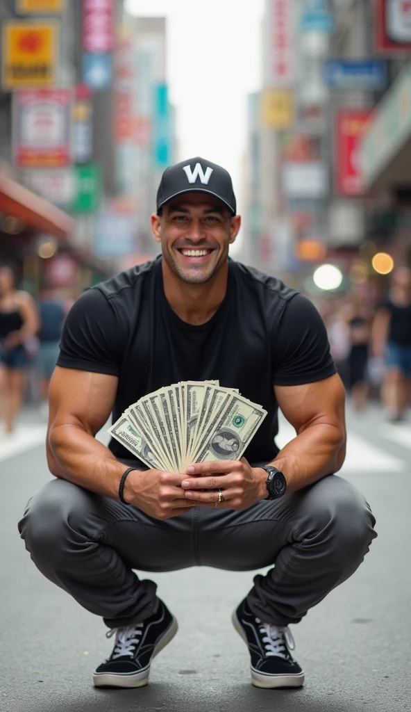 there is a man posing for a picture, around 1 , 2 , 2 , 1, 2, taken in the early 2020s, 2 , 2 , 2 , 2 , cool, holding money, blue tshirt, red long pants, showing his back