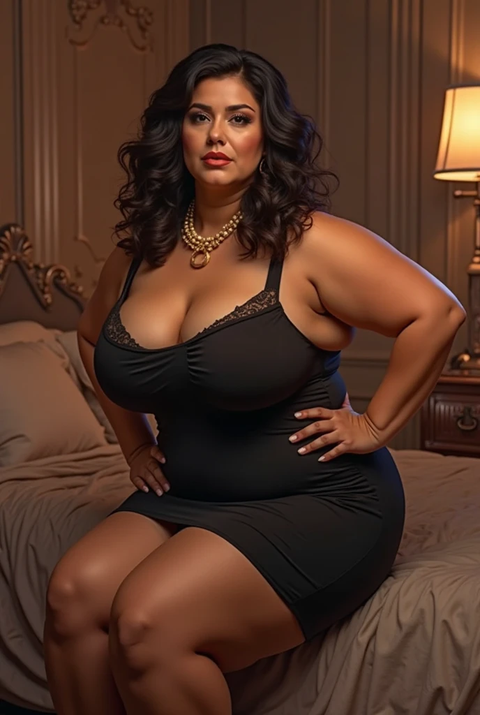 1 girl in, the 50s, very pretty sexy well groomed woman big jumbo breasts short hair sexy pose body belly glamour perfect breast black hair plus size body black t-shirt t-shirt who is plunging neckline, black thong 