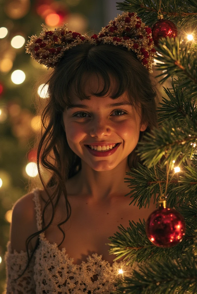 12 year old girl with medium length brown hair, children's pigtails hair, Caucasian facial structure, a beautiful smile on her face and a deep look, she in a short tight red dress, bare shoulders, visible nipples, marked nipples, she in a dark garden lit by candles, full body view