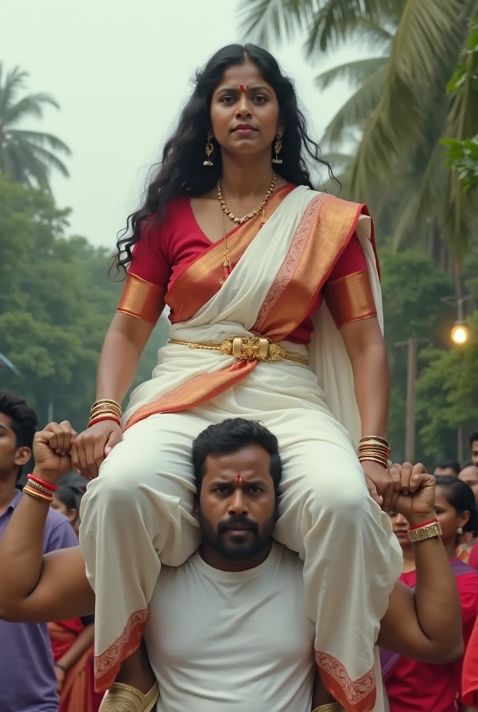 Indian actress lifting a large man high above her head with her strong arms. Photorealistic. Wide angle. Farmhouse in the background, natural smile 