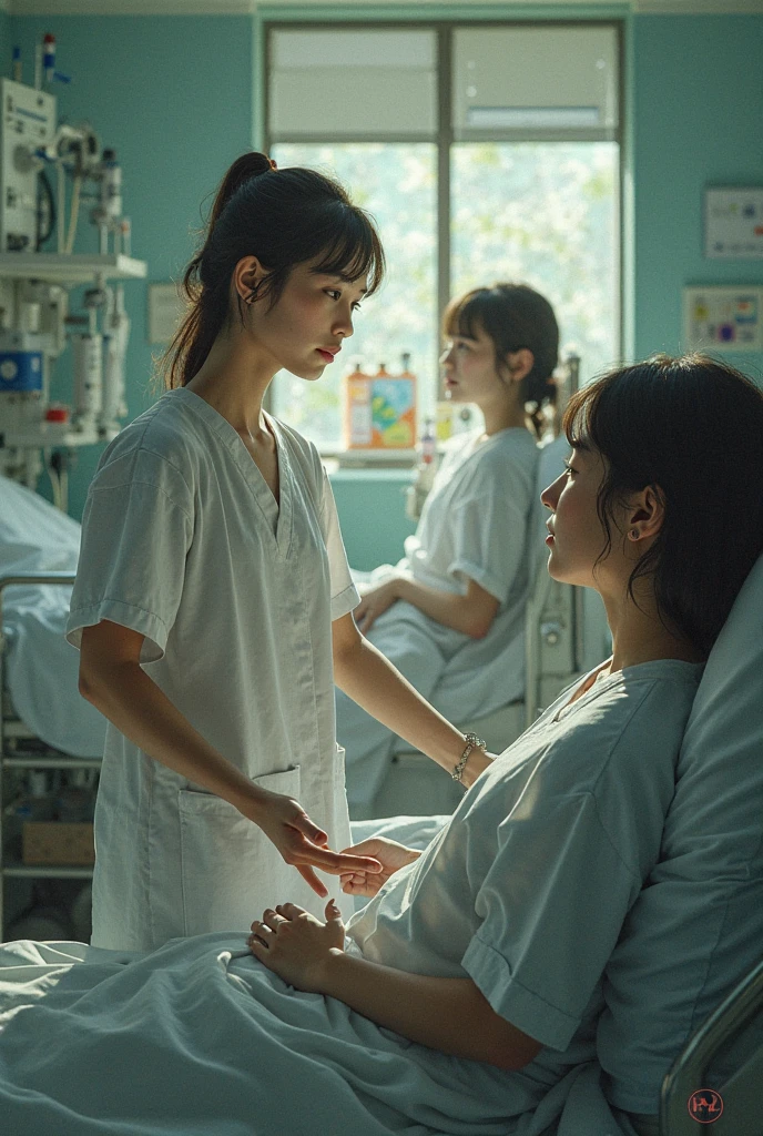 A beautiful Japanese girl with fair skin and angelic features..... She is a teenager、Looks like a slender middle school student. The girl is wearing a ballet costume, tome'a little embarrassing for her. She has a childish appearance with a flat chest. The stage is a hospital, especially in pediatric wards. The doctor is conducting a medical examination of the girl, Includes genital examination. The atmosphere inside the hospital is professional and clean..... The girl is a little nervous about the vaccination she is about to receive..... The artwork is、Must be realistic, Highly detailed photorealistic quality, high resolution render。. Color palette should be soft and pastel, Gives a cute and innocent atmosphere. Lighting should be balanced and natural, Beautifully illuminate the scene.、Show nipples、put on underwear、Underpants1becomes a sheet、Flipping through underwear、Pained look、receive an injection