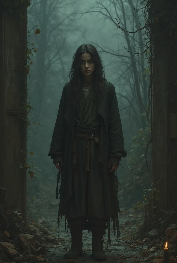 The traveler encounters a ghostly figure—a woman in tattered clothing, her eyes filled with deep sorrow. She moves slowly, her eyes brimming with tears as she mourns her lost home and people.