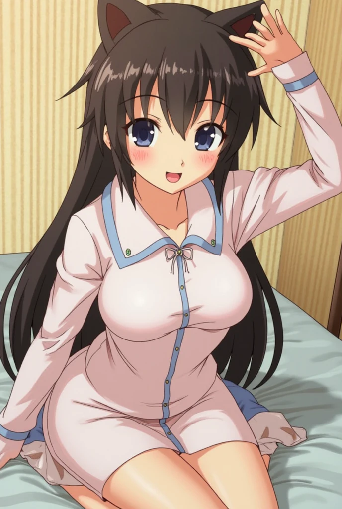 ((muste piece)), ((best quality)), (Super detailed), anime style etc.,peeing on the bed, pretty girl, 1 girl, solo, ((beautiful eyes)), shy smile, ((Open chest)), ((Cute nipples))