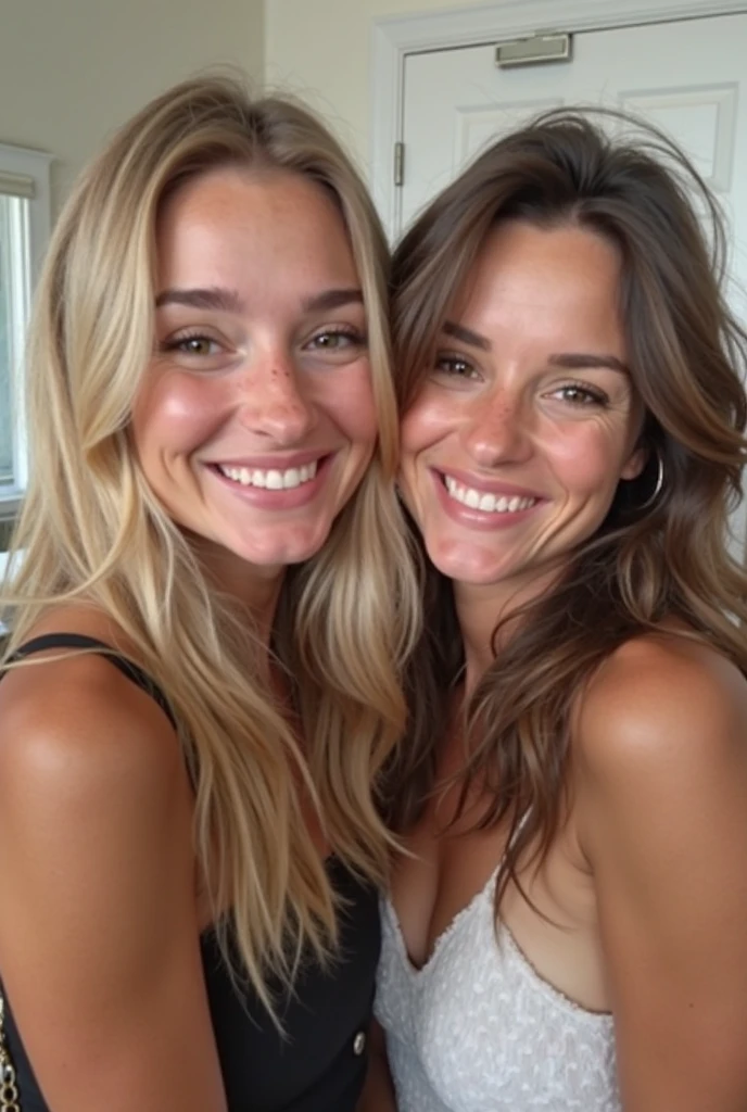 Blonde woman with brunette woman selfie.