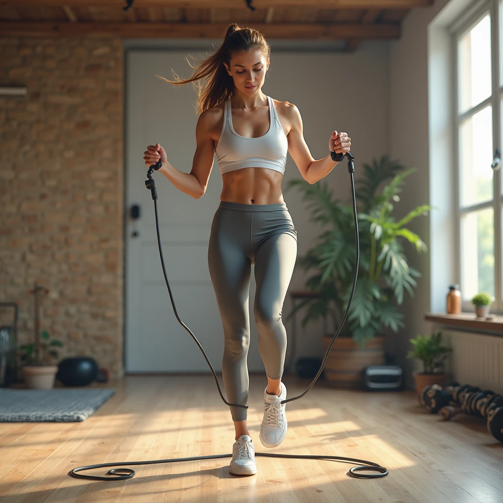 Create a hyper-realistic photograph of a Latina woman performing an exercise with black ropes in a gym. Let the activity be “Rope Training”. The action seems dynamic., that invites women to improve their body physically. With very clear and natural lighting.. Let the shot be far, at a three-quarter angle and see the perspective of the black ropes and the gym. Make photography look modern and dynamic.