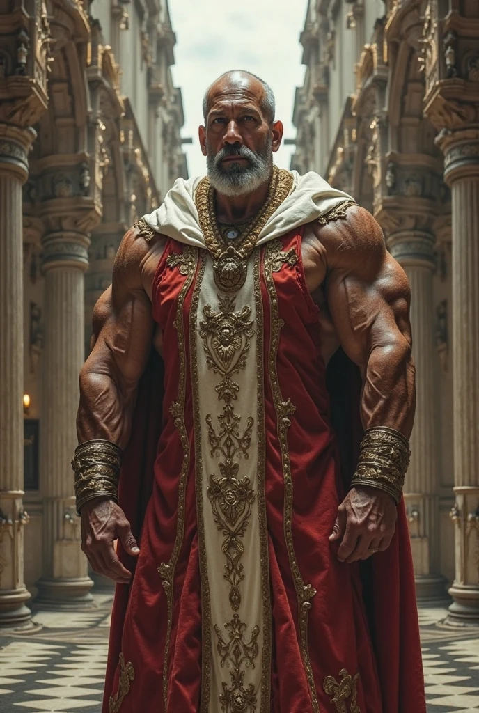 Hyperrealistic image of an African man imperial king steampunk stripper dancer with a huge gold crown and jewels on his head., superhero with grey afro hair and very long hair, very old and very sweaty bodybuilder over 80 years old..very muscular and fat, He weighs more than 200 kilos with a naked torso., large and flaccid pectorals, Brown nipples and big grey mustaches standing in the middle of a stage with a Victorian red velvet curtain in the background and lots of brass candelabras around and velvet skirt with gold embroidery and jewels