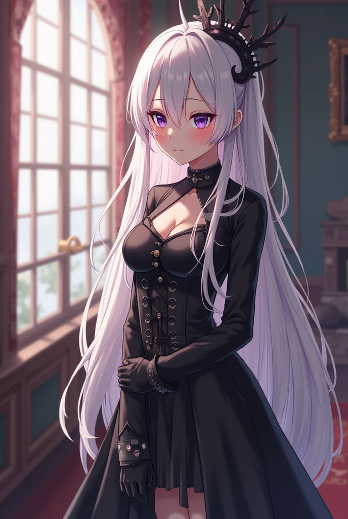 Long silver hair, green eyes, , corset, black clothes, seductive eyes, SMILE, top-less, beautiful thighs, Inside the house