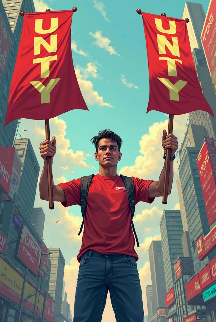create a round image with a drawing of a student holding a red flag with the number 55