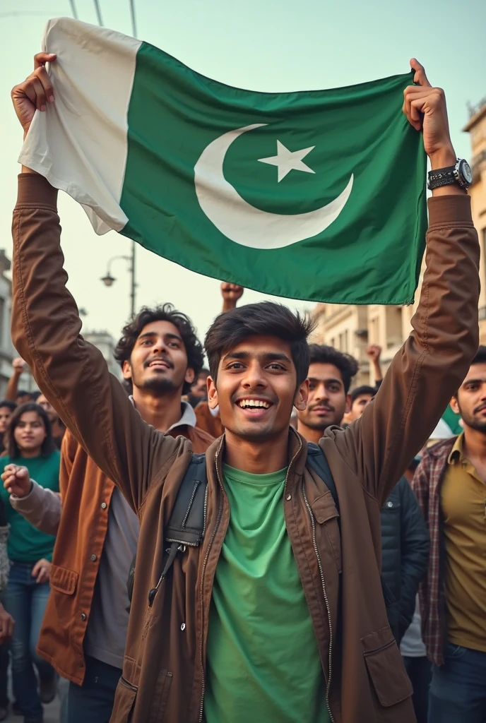 Young Man Hold Pakistani Flag wearing Pakistani Flag clothes Shirt name Ali
