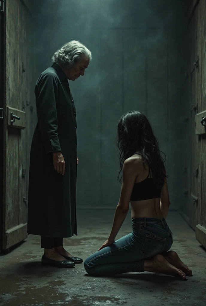 (A shabby prison cell)Sitting on the legs of an old man sitting on a bed, facing each other.((Korean woman with black hair).Women with big breasts.Women with big breasts.Korean actress female.Korean girl group women.Woman in her 20s.Hourglass body.woman in black panties.A woman wearing a tight, thin, ripped short-sleeved T-shirt.Skinny jeans are lying on the floor..white skin woman.Wearing white sneakers.Korean fitting model.slim woman.