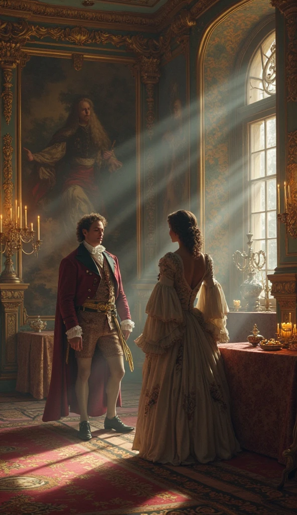 Generate an image that conveys the late-night revelry at Vaux-le-Vicomte, with king louis xiv and guests engaged in entertainment, dancing, and merriment.