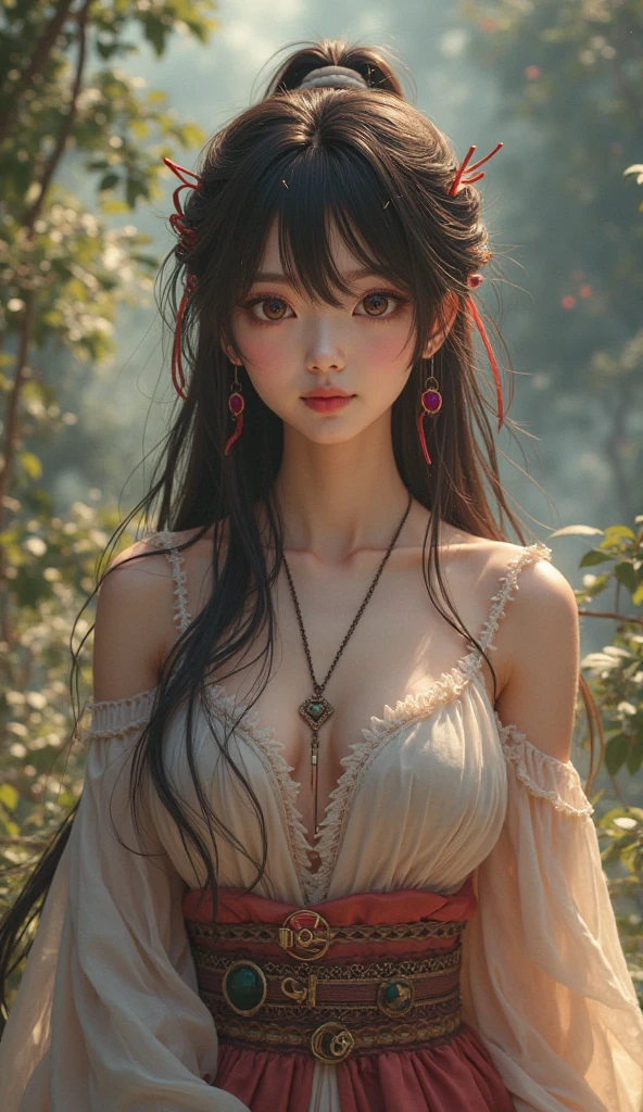 k hd,detail-rich, 1 woman,wounded,Sit on the ground in the forest,Vines, low perspective,独奏, full bodyesbian, (best qualtiy, tmasterpiece, absurderes: 1.2), up front view, s the perfect face, Very delicate and beautiful, Fine-grained skin texture, Lively and radiant skin, Long legs, PureErosFace, (Ulzzang-6500: 0.4), marron marron, (Gray hair), eBlue eyes, Hefty Smile, a color,boobgasm,Half clasp,nabel,Short pleated skirt,A light and flowing skirt,transparent pubic hair,Tattered shirts,Rags,Jewelry earrings,
