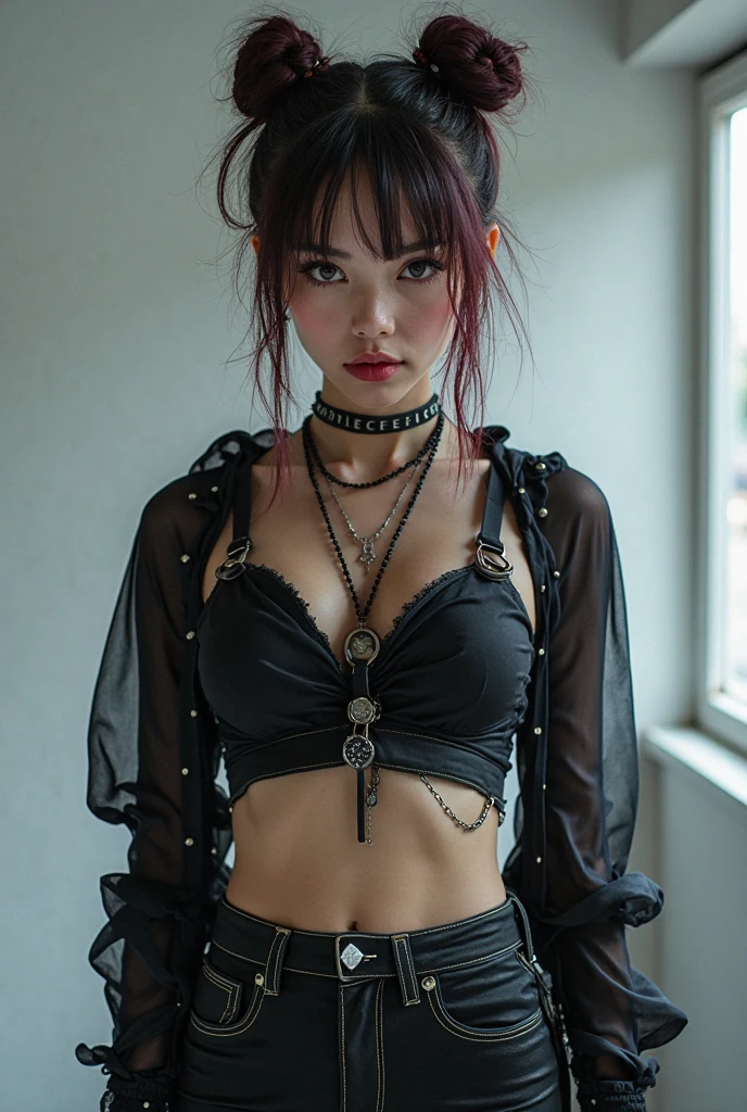 Solo Girl,Alley,Bad Girl,Earrings,Punk Rock Fashion,Punk rock shirt with chain,Punk rock pants with chains,choker,(Moisturized and radiant skin,,),(Shiny silver and orange hair,Short Ponytail),(Princess face composition,Big eyes,Pointed lips,Red lipstick,Cute round face,A smile that makes people happy,blush with embarrassment,blush,),(Bold Pose,(8k quality,Tabletop,highest quality,Ultra-high resolution output images,),Intricate details,(Highly detailed raw photos:1.3),(Picture Mode Ultra HD),squat,The chest is visible,My chest is visible
