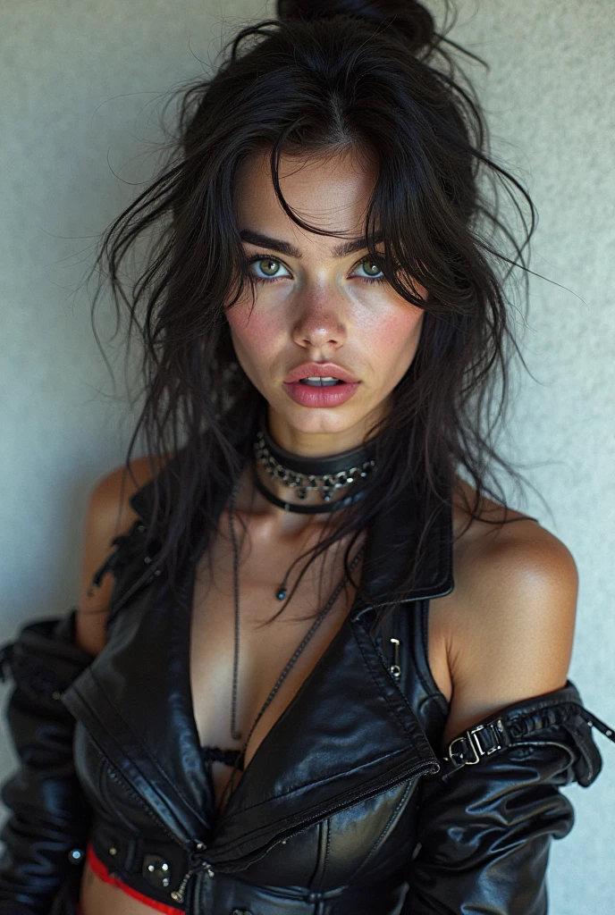 photograph of a woman, Beautiful facial expression, textured leather, goosebumps, black hair, perfect greenish eyes, dressed in a tight leather jacket and a short skirt, looks straight into the center, sharp focus on an object, high definition and realistic photos.