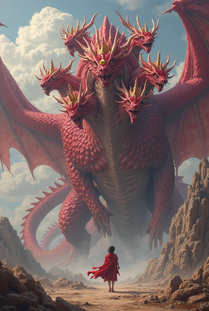 A great red dragon with seven heads and 10 horns with 7 diadems