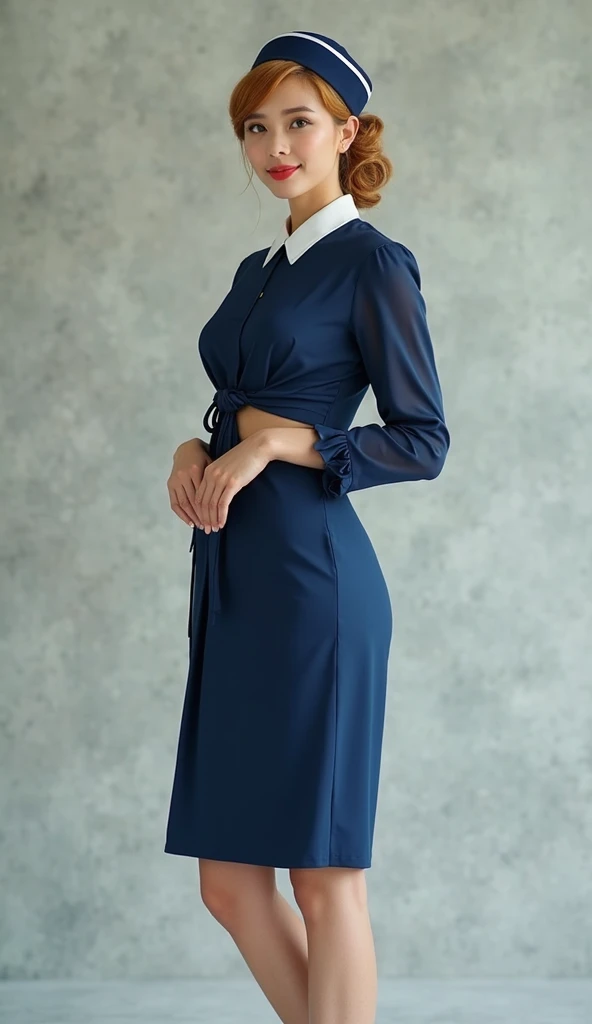 masterpiece, best quality, high detail, beautiful woman, long hair, straight hair, dark blue hair, low ponytail, white unbuttoned jacket, t-shirt, gray maxi skirt, long gray skirt, upper body, wide hips, sneakers, looking at viewer, light smile, garden, backyard,