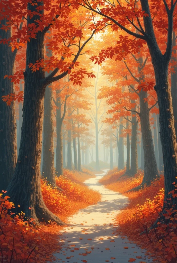 A cozy scene with a winding path through a forest full of orange and ...
