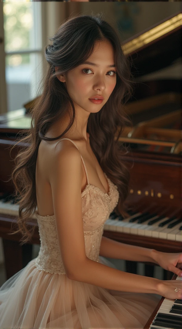 She is wearing a dress. The high-resolution image captures ultra-detailed realism and highlights Athena's seductive eyes, long eyelashes, and smooth skin. She plays the piano.