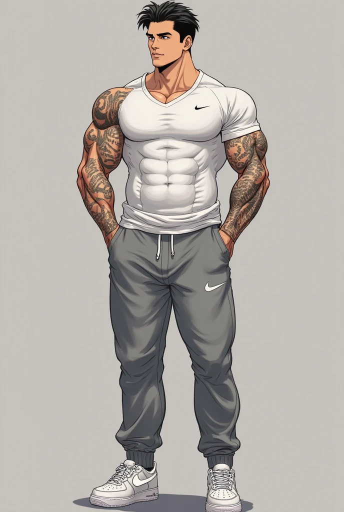 Handsome,faux haircut, clear face, clear eyes, heed looking at the side up, muscular body, muscular arms, huge pectorals, huge arms and hands, wearing white jeans, tattooed neck and body, Cropped feet,white background