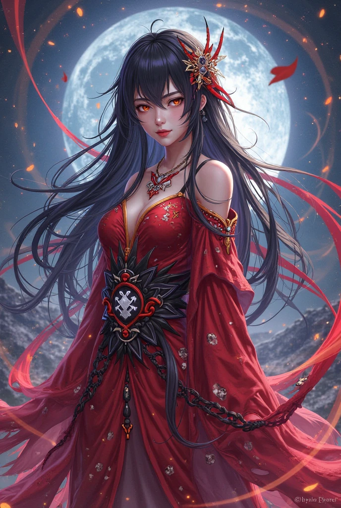 Madara Uchiha. women. raven hair. White skin. Hair on ends. Long hair. Long right side fringe. Red eyes Sharingan. sexy. Elegant dress with front neckline. Punjabi India 