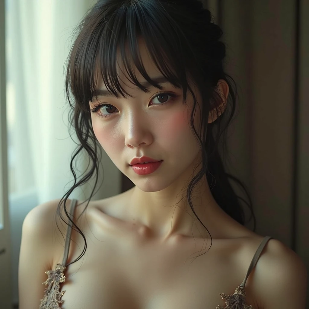 real photograph, (Top image quality, 8K, masterpiece), top-quality, 超A high resolution,Japan Girl, 18 year old, pretty face, loose tank top and spread your legs、 kawaii faces, Melancholy look, double eyelid、big breasts: 1.4、girly hairstyle、modern room、Movie Lighting, Photorealsitic, real looking skin, nffsw, 35 mm, Shot with Leica,