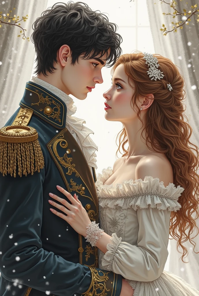Victorian romantic couple kissing, homem com cabelos grandes e loiros , castelo, flor , chuva