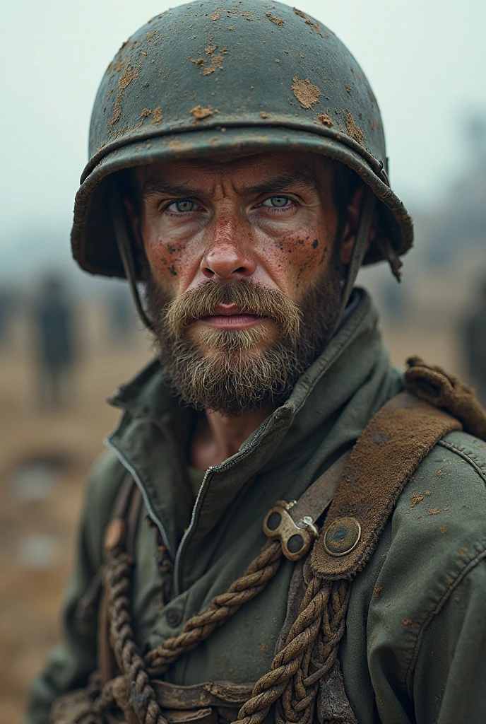 cinematic photo portrait, American WW2 soldier, cigarette, calm pose, face scars, strong face, (sad eyes:0.8), war background, RAW format, filmic, ultra detailed, atmospheric, full body shot, rim lighting, cinematic photorealistic, 8k uhd natural lighting, raw, rich, intricate details, key visual, atmospheric lighting, 35mm photograph, film, bokeh, professional, 4k, highly detailed . 35mm photograph, film, bokeh, professional, 4k, highly detailed