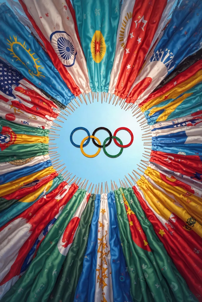 Colorful Olympics logo in the center, with all the modalities of the Olympics, around with all the flags of the Olympic countries