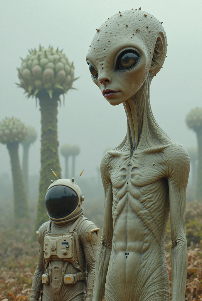 Compose an eye-catching scene featuring a tall, scary alien alongside farm people in an open farm field. Create the image in an ultra-realistic old retro style, reminiscente de fotografia vintage. Capture the stark contrast between the alien&#39;s imposing presence and the rural surroundings, emphasizing the disbelief and admiration on the faces of the rural people. Use the open country environment to increase the feeling of isolation and vulnerability, creating a visually stunning and thought-provoking composition that blends the surreal with the familiar