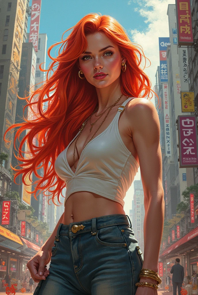 Sexy girl in clockworld theme,, best quality, ultra detailed, illustration, 1 girl, twin braided red hair, open shirt, sunlight, cloudy sky, small breasts, microskirt, great detail surroundings, short shirt, crop top ( art inspired by Bill Sienkiewicz). oil painting)