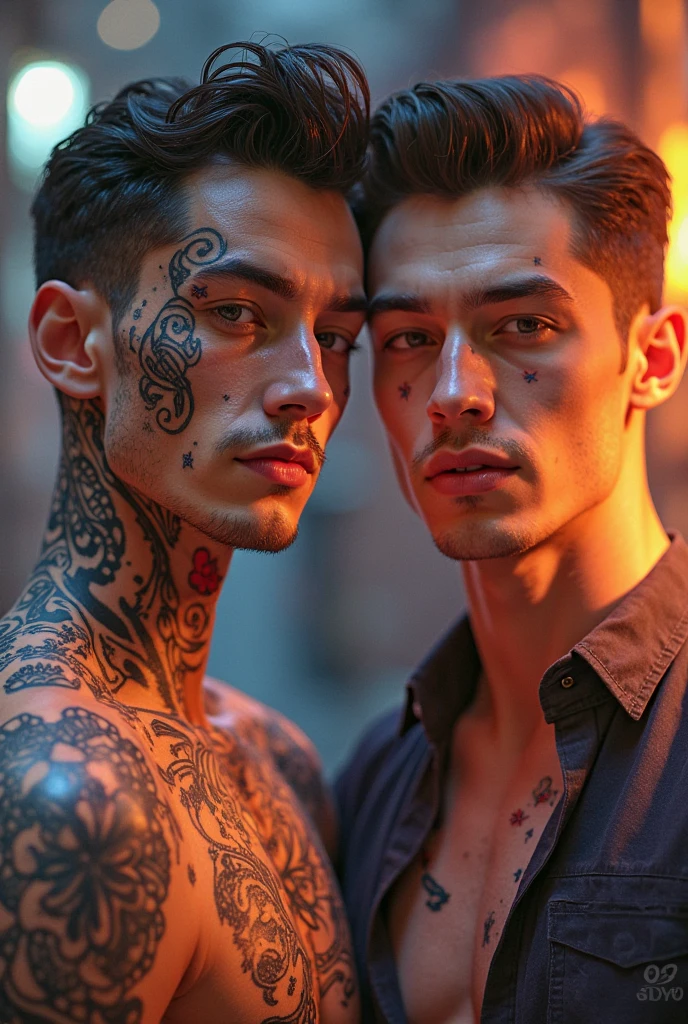 2 Italian man, with 1,90 tall black hair messy layered cut, tanned brown skin with vitiligo and tattoos spread across the body, eyes black 