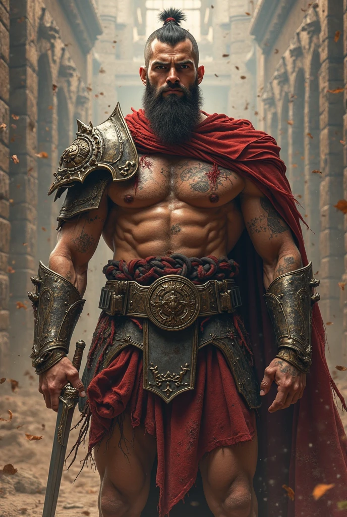 a man with dark brown hair and red eyes, muscular, dressed in a Greek style with a large axe