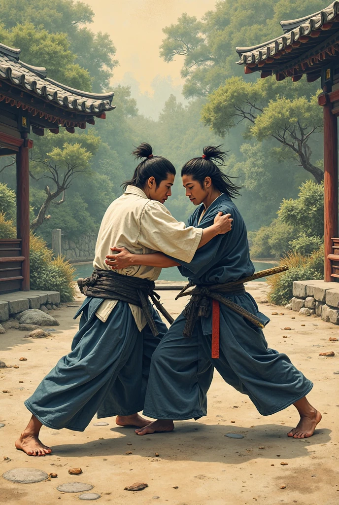 Two samurais in judo combat