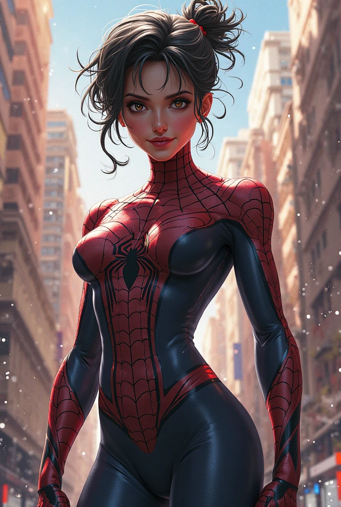 Beautiful woman with detailed defined body using Spider-Man role-play, short hair