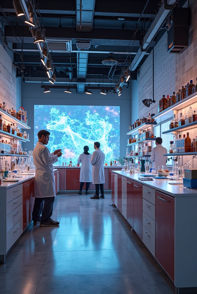 A group of scientists in a laboratory, illuminated by the glow of their equipment, working together to uncover the secrets of the universe in a photorealistic cinematic style. --auto