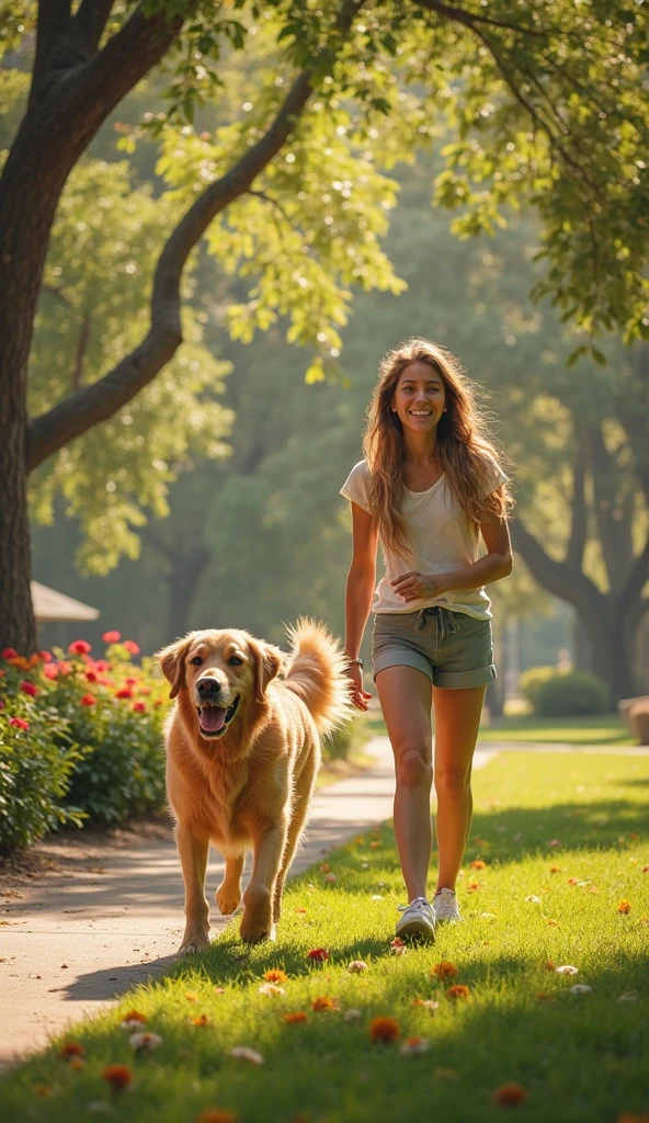 Medium-sized orange dog with its owner who has a bouffant