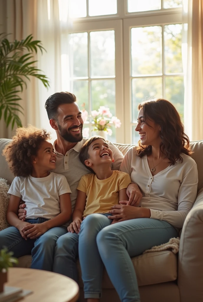 Happy home showing a man, woman and children in the living room having a great time