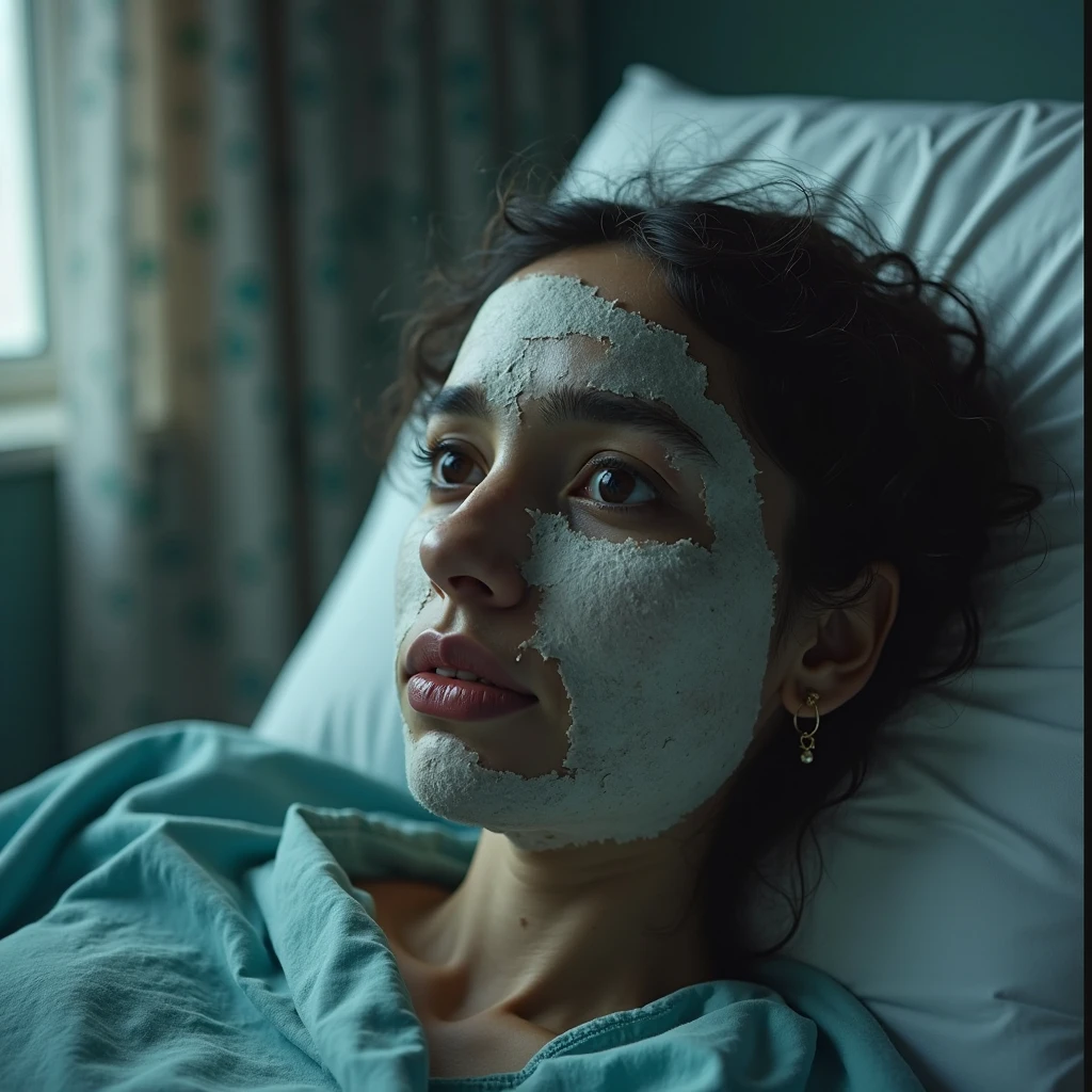 create an image of a woman with 80% of burns all over the body
