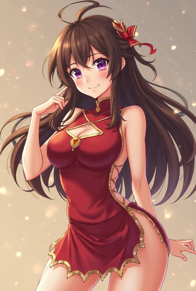a beautiful brunette girl with flowing brown hair, red eyes, wearing a red imperial dress with a deep neckline, anime style, against a bright sky background with twinkling lights, dynamic angle, arrogant laughter