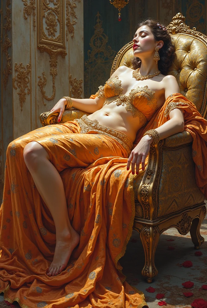 Reclining Nair Lady by artist Raja Ravi Varma, Realistic, 8K, ultra-detailed, Unreal Engine, midjourney art style
impressionism, abstract, (oil painting , dry brushstrokes), negative space,