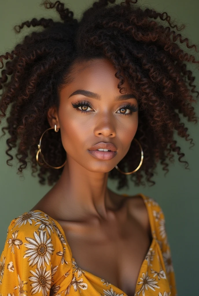1 , dark skin color, curly hair, Women&#39;Gym clothes, photo in front of the gym mirror